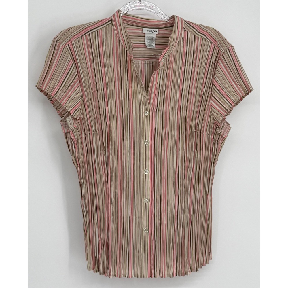 East 5th Womens Sz XL Pink Tan Striped Micro Pleated Collar Button Blouse